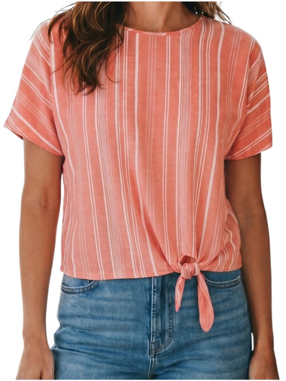 TIME AND TRU Peach & White Vertical Stripes Short Sleeve Blouse - Large (12/14)